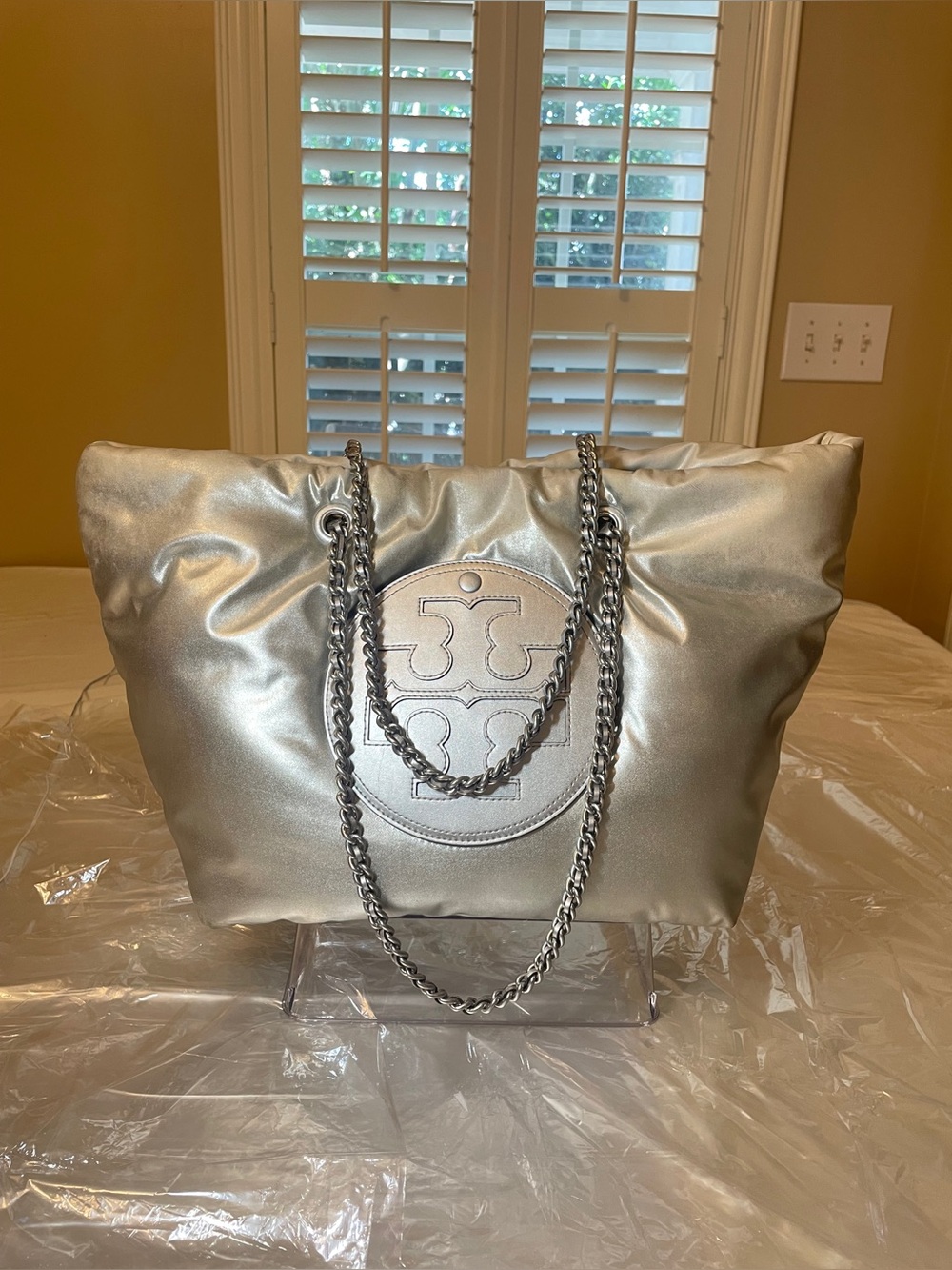 Tory Burch Metallic Silver Quilted Logo Ella Tote with Chain Straps